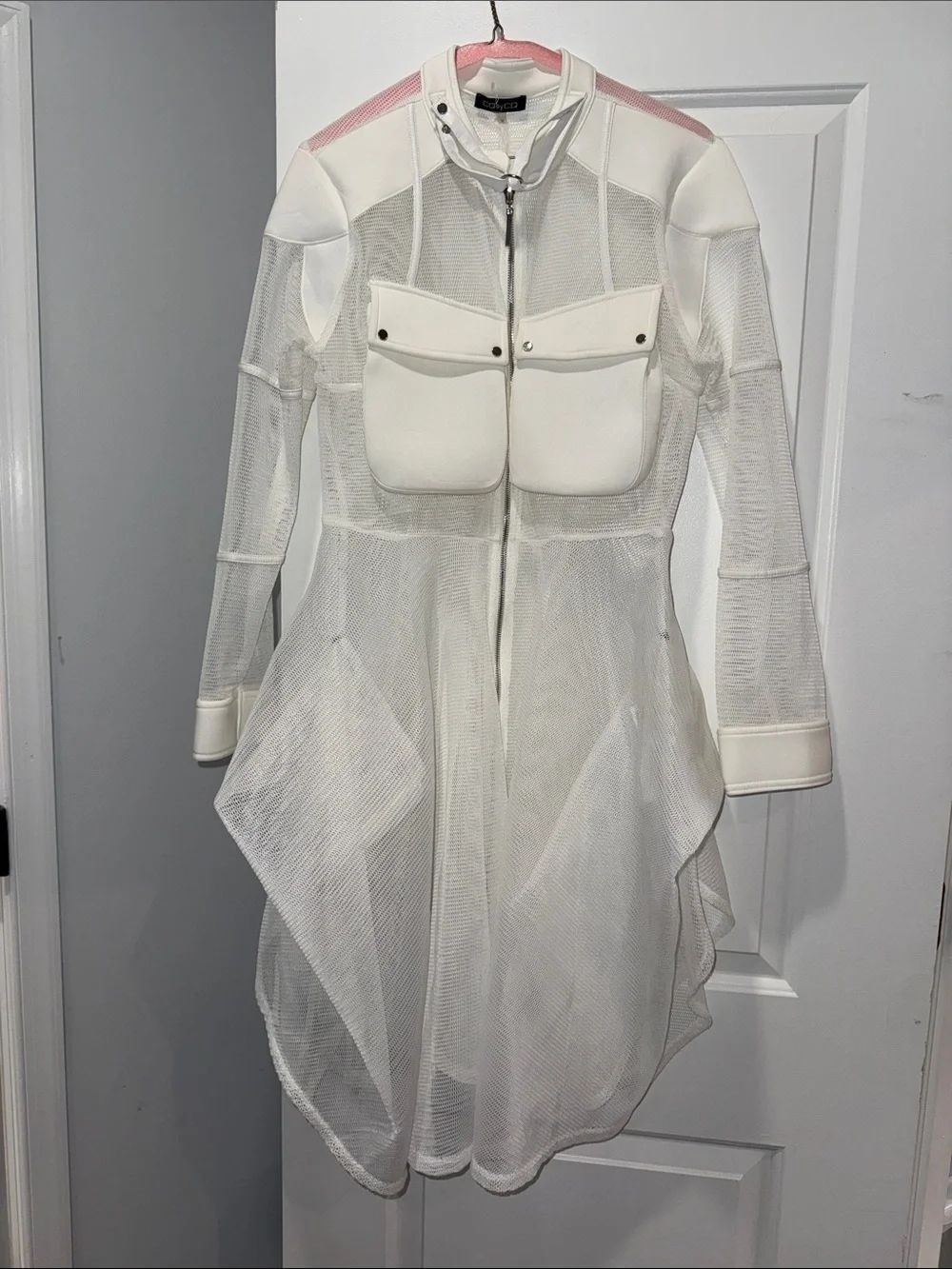 CQbyCQ White High-Low Mesh Dress with Pocket Detail